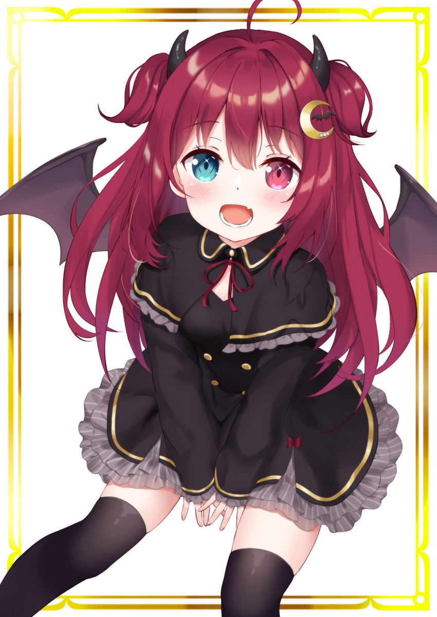 1girl absurdres ahoge black_legwear commentary_request crescent crescent_hair_ornament demon_horns demon_wings gothic_lolita hair_ornament heterochromia highres horns lolita_fashion long_hair looking_at_viewer nijisanji open_mouth redhead simple_background sitting solo thigh-highs virtual_youtuber wings yuzuki_roa