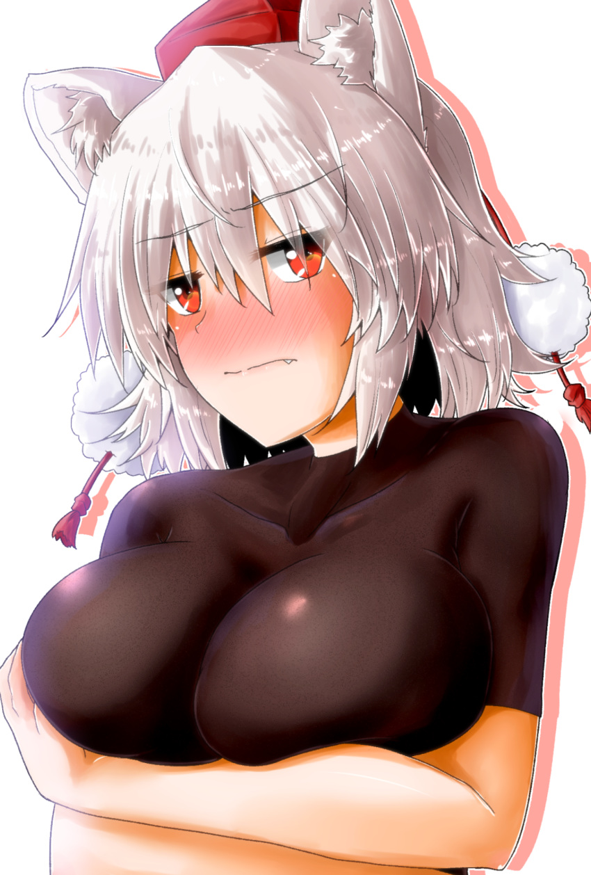 1girl animal_ear_fluff animal_ears blush crossed_arms eyebrows_visible_through_hair fang fang_out hat highres inubashiri_momiji oshiaki pom_pom_(clothes) red_eyes red_headwear short_sleeves simple_background skin_tight solo tokin_hat touhou upper_body white_background white_hair wolf_ears