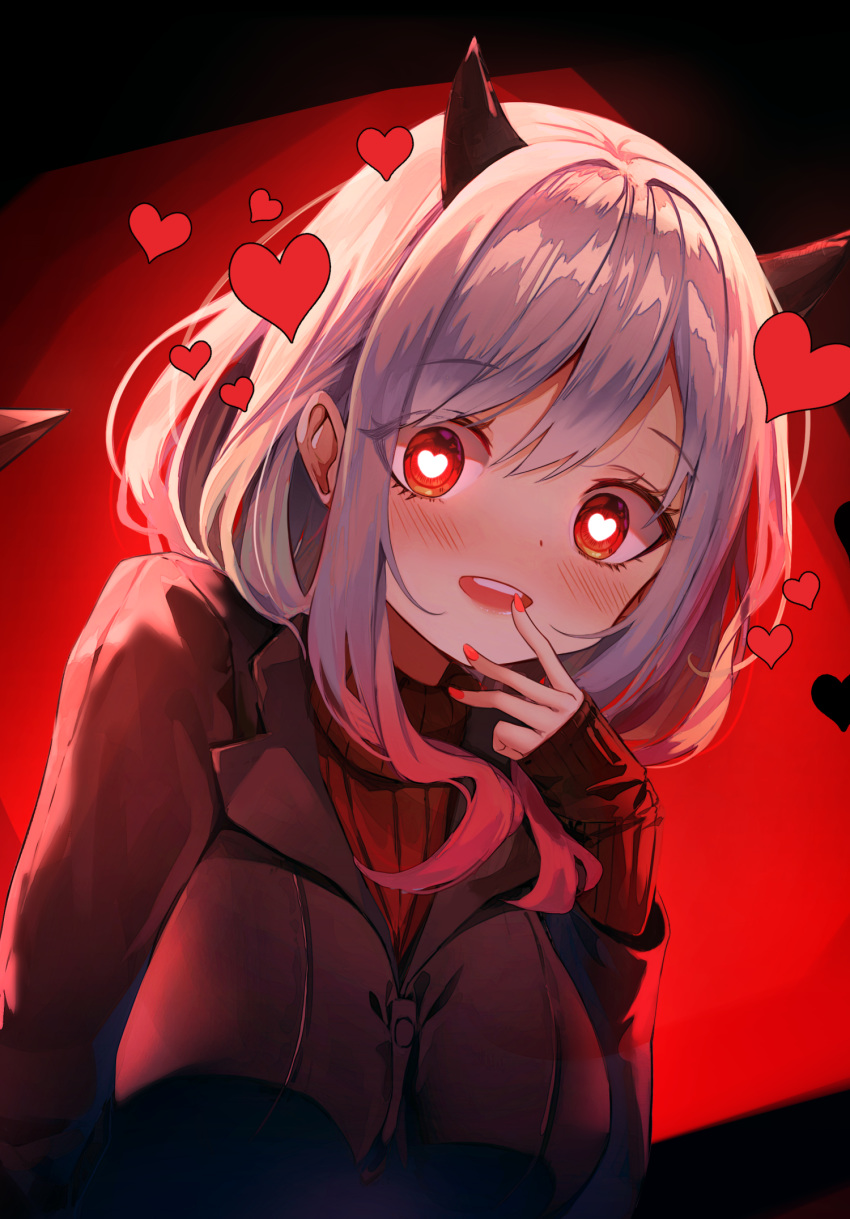 1girl bangs black_jacket blush breasts commentary demon_horns eyebrows_visible_through_hair hair_between_eyes hand_to_own_mouth hand_up heart heart-shaped_pupils helltaker highres horns jacket long_sleeves looking_at_viewer medium_breasts modeus_(helltaker) parted_lips red_eyes red_sweater ribbed_sweater seero silver_hair sleeves_past_wrists smile solo sweater symbol-shaped_pupils turtleneck turtleneck_sweater upper_body upper_teeth