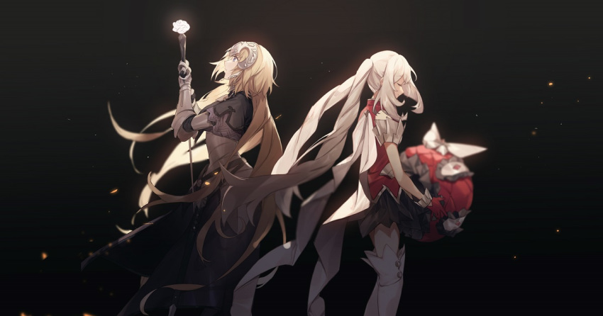 2girls armor bangs black_skirt blonde_hair blue_eyes boots breasts capelet closed_eyes dress fate/apocrypha fate/grand_order fate_(series) faulds full_body gauntlets gloves hat hat_removed headpiece headwear_removed high_heel_boots high_heels jeanne_d'arc_(fate) jeanne_d'arc_(fate)_(all) large_breasts large_hat long_hair looking_up marie_antoinette_(fate/grand_order) medium_breasts multiple_girls no-kan plackart purple_dress red_dress red_gloves red_headwear sash sheath silver_hair skirt sleeveless sleeveless_dress sword thigh-highs thigh_boots twintails very_long_hair weapon