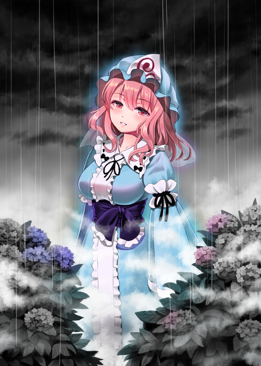 1girl arm_garter arms_at_sides aura blue_flower blue_headwear blue_kimono blush breasts bush clouds cloudy_sky commentary cowboy_shot douji eyebrows_visible_through_hair flower fog hair_between_eyes hat head_tilt highres hydrangea japanese_clothes kimono large_breasts light_smile looking_at_viewer mob_cap night obi outdoors parted_lips pink_eyes pink_flower pink_hair rain saigyouji_yuyuko sash short_hair sky smile solo standing touhou triangular_headpiece