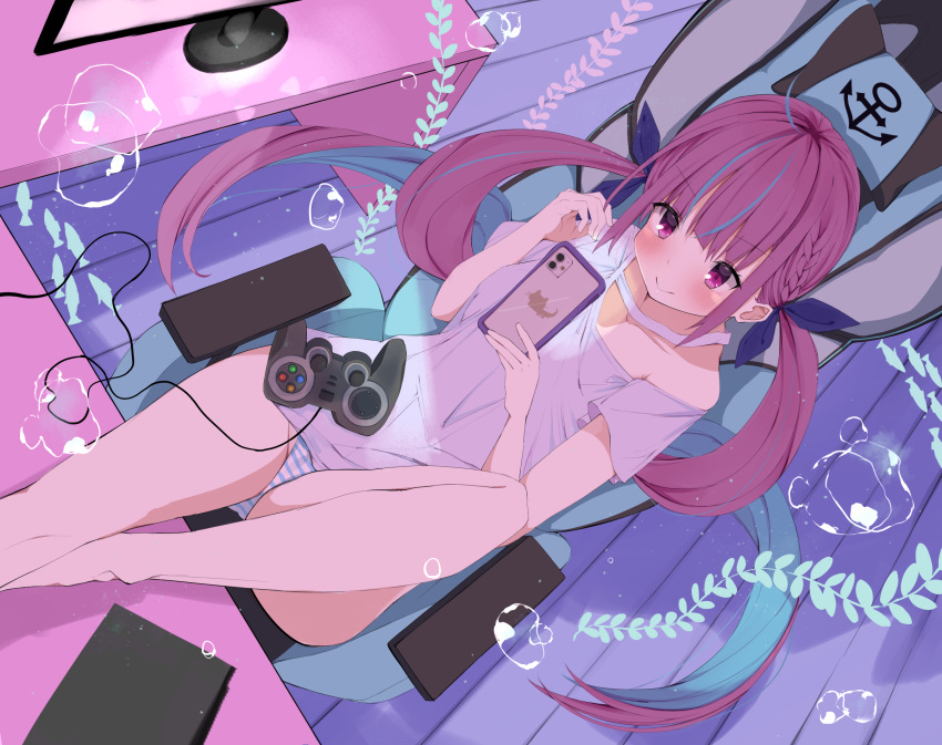 1girl :&gt; ahoge air_bubble aqua_hair bangs bare_arms bare_legs blue_ribbon blush bubble cellphone chair closed_mouth collarbone controller dutch_angle eureka_814 eyebrows_visible_through_hair from_above game_console game_controller hair_ribbon highlights highres hololive indoors knee_up looking_at_phone minato_aqua monitor multicolored_hair panties phone purple_hair reclining ribbon school_of_fish shirt short_sleeves smartphone smile solo striped striped_panties swivel_chair t-shirt underwater underwear violet_eyes virtual_youtuber white_shirt wooden_floor