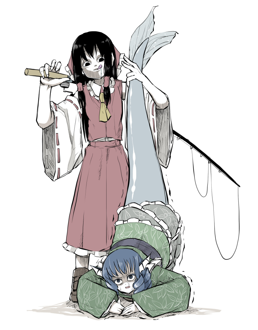 2girls :d absurdres bangs black_eyes black_hair blue_eyes blue_hair bow brown_footwear closed_mouth detached_sleeves dress drill_hair drill_locks fishing_rod frilled_bow frilled_dress frilled_kimono frills green_kimono green_sleeves hair_bow hair_tubes hakurei_reimu head_fins highres holding holding_fish holding_fishing_rod japanese_clothes kimono long_sleeves looking_at_another mermaid miko monster_girl multiple_girls open_mouth peroponesosu. red_bow red_shirt red_skirt ribbon-trimmed_sleeves ribbon_trim shaded_face shirt short_hair simple_background skirt smile standing sweat tongue tongue_out touhou wakasagihime white_background white_frills white_sleeves wide_sleeves yellow_neckwear