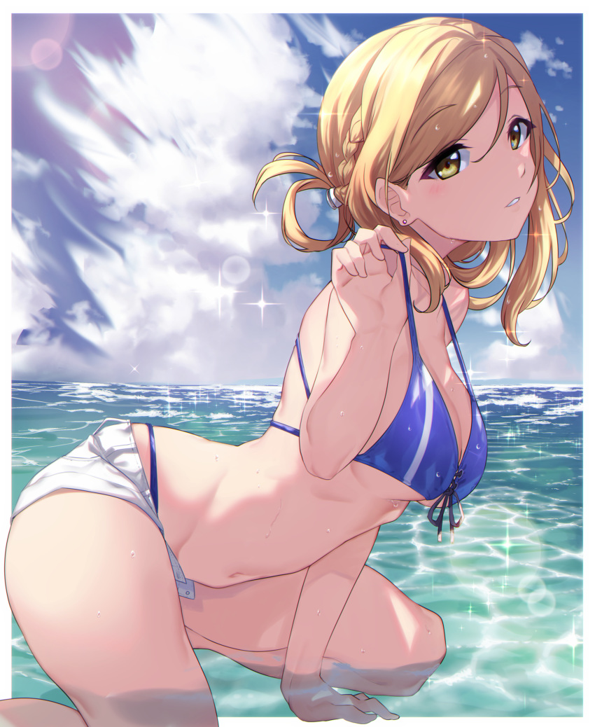 1girl absurdres arm_support bikini blonde_hair blue_bikini braid breasts clouds hair_rings highres kneeling large_breasts looking_at_viewer love_live! love_live!_sunshine!! ohara_mari outdoors short_shorts shorts sky solo strap_gap strap_lift swimsuit water white_shorts yamaori_(yamaorimon) yellow_eyes