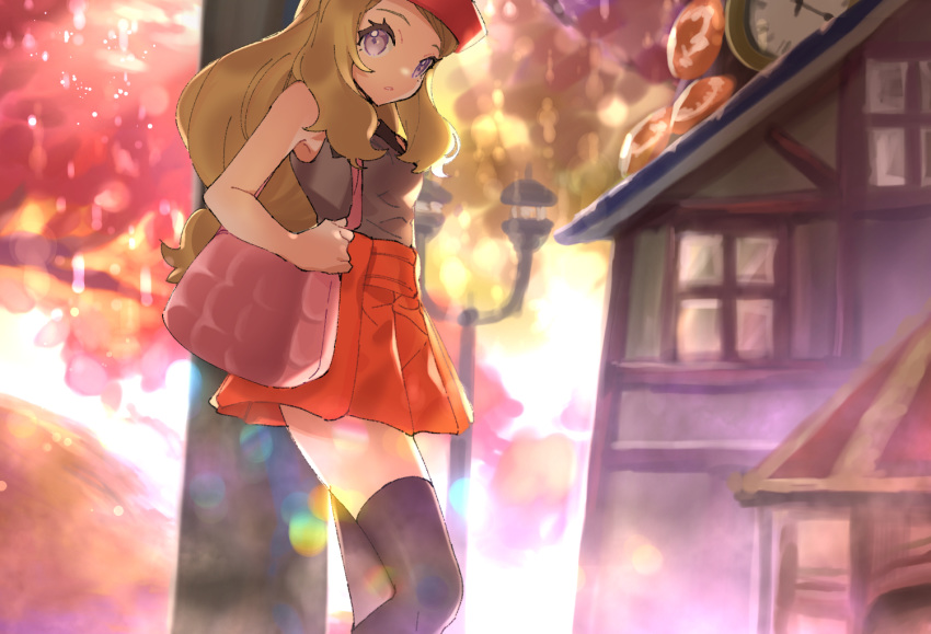 1girl ankea_(a-ramo-do) black_legwear black_shirt brown_hair clock hat long_hair looking_at_viewer low-tied_long_hair miniskirt outdoors parted_lips pleated_skirt pokemon pokemon_(game) pokemon_xy red_headwear red_skirt serena_(pokemon) shirt skirt sleeveless sleeveless_shirt solo standing thigh-highs violet_eyes zettai_ryouiki