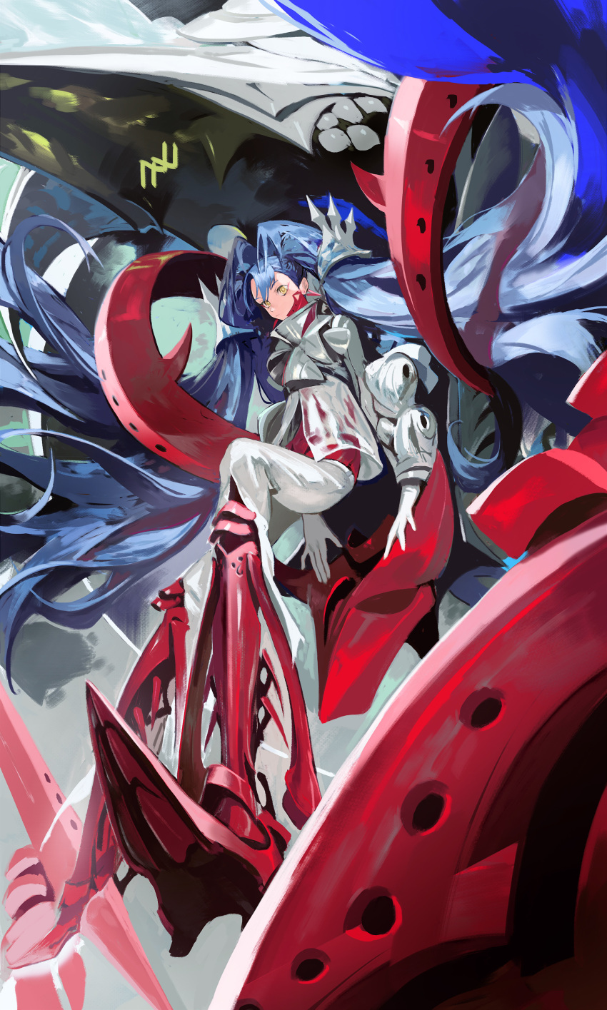 1girl absurdres armor blue_hair breastplate earrings floating gloves highres jewelry long_hair mecha naji_yanagida original pauldrons red_legwear see-through shoulder_armor signature solo torn_clothes twintails vambraces very_long_hair white_gloves yellow_eyes