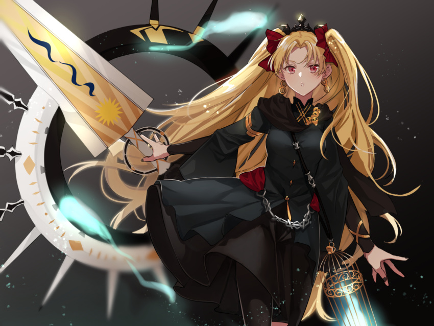 1girl black_dress black_nails blonde_hair cage dress earrings ereshkigal_(fate/grand_order) fate/grand_order fate_(series) hai_zhou hoop_earrings jewelry long_hair red_eyes scarf tiara twintails weapon