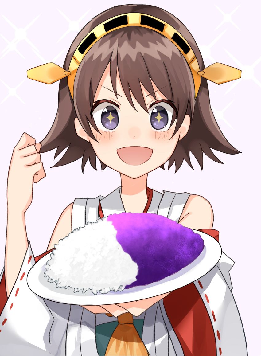 +_+ 1girl absurdres bad_food brown_hair curry curry_rice detached_sleeves flipped_hair food hairband hiei_(kantai_collection) highres japanese_clothes kantai_collection katsuobushi_(eba_games) looking_at_viewer ribbon-trimmed_sleeves ribbon_trim rice short_hair simple_background solo upper_body violet_eyes white_background