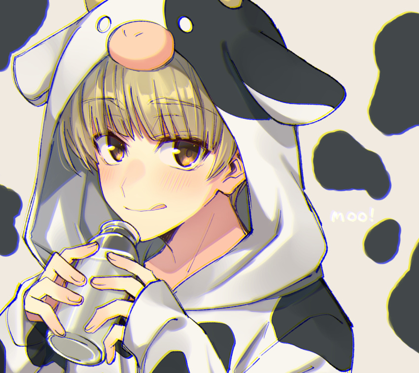 1boy animal_costume animal_print argonavis_from_bang_dream! bang_dream! bangs blonde_hair blunt_bangs blush bottle bowl_cut brown_eyes cosplay cow_costume cow_print english_text kigurumi licking_lips male_focus milk saigi shiroishi_banri solo tongue tongue_out