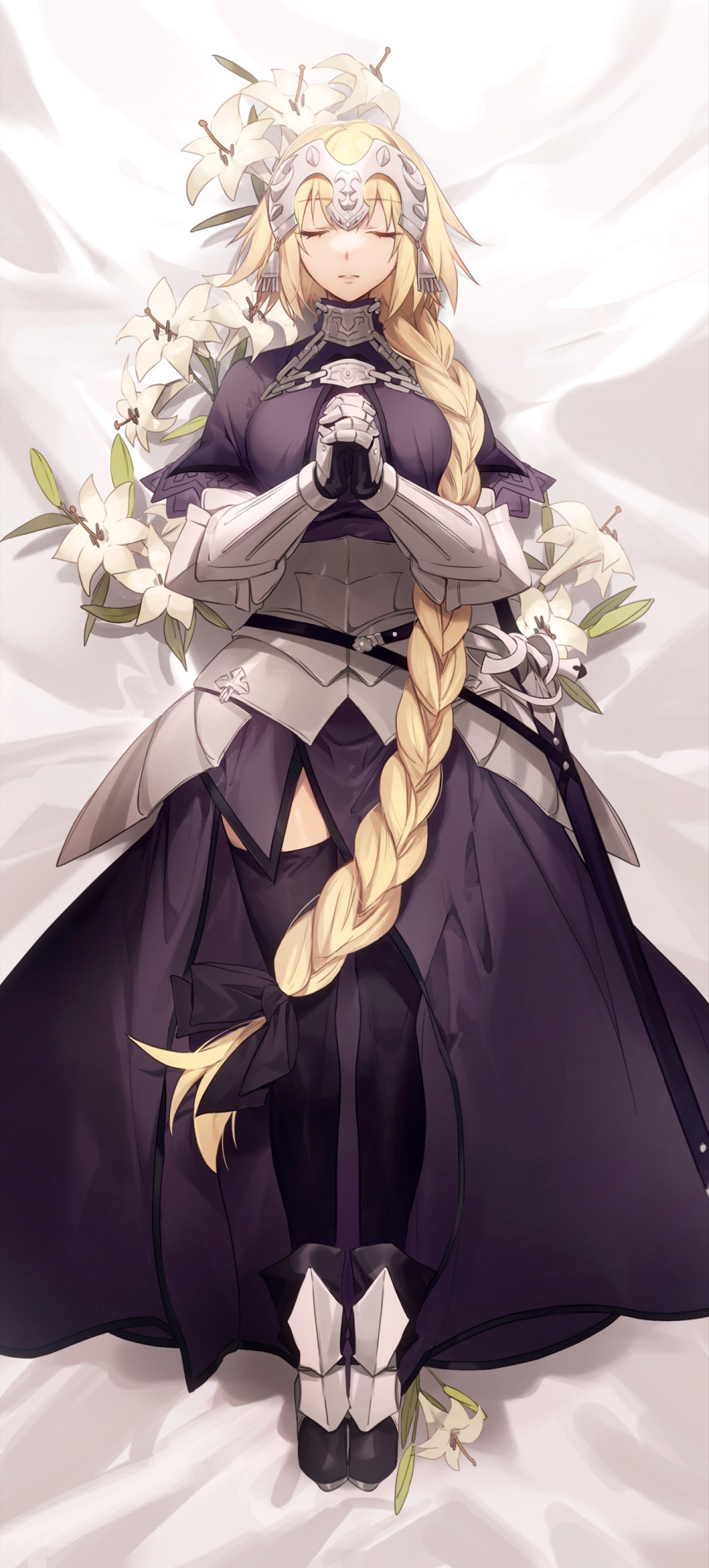 1girl absurdres armor armored_dress bangs blonde_hair braid breasts capelet chain closed_eyes closed_mouth dress fate/apocrypha fate/grand_order fate_(series) faulds flower gauntlets hands_together headpiece highres jeanne_d'arc_(fate) jeanne_d'arc_(fate)_(all) large_breasts lily_(flower) long_braid long_hair lying no-kan on_back plackart purple_dress single_braid thigh-highs very_long_hair