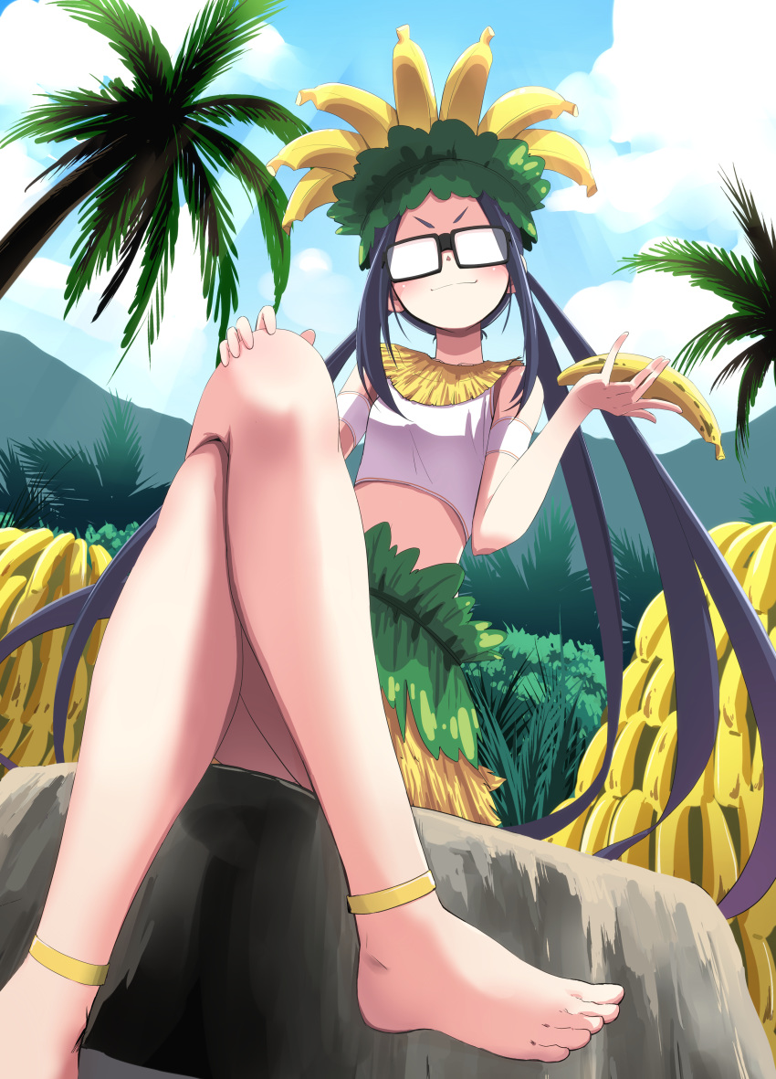 1girl absurdres anklet banana barefoot commentary crossed_legs crown day doyagao feet food fruit glasses grass_skirt highres holding holding_food holding_fruit jewelry long_hair n2midori oogaki_chiaki opaque_glasses outdoors palm_tree purple_hair sitting solo tree twintails yurucamp