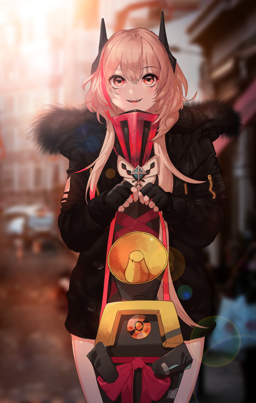 1girl absurdres black_gloves black_jacket city daeno dinergate_(girls_frontline) fur girls_frontline gloves hair_ribbon highres jacket long_hair looking_up m4_sopmod_ii_(girls_frontline) open_mouth pink_eyes pink_hair ribbon smile solo tagme