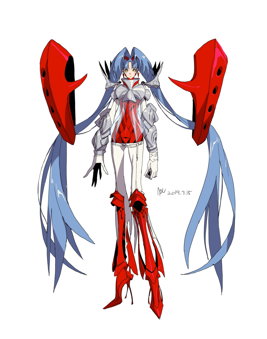 1girl absurdres armor blue_hair breastplate closed_mouth dated earrings floating gloves high_heels highres jewelry long_arms long_fingers long_hair naji_yanagida original red_footwear see-through signature simple_background solo twintails vambraces very_long_hair white_background white_gloves yellow_eyes