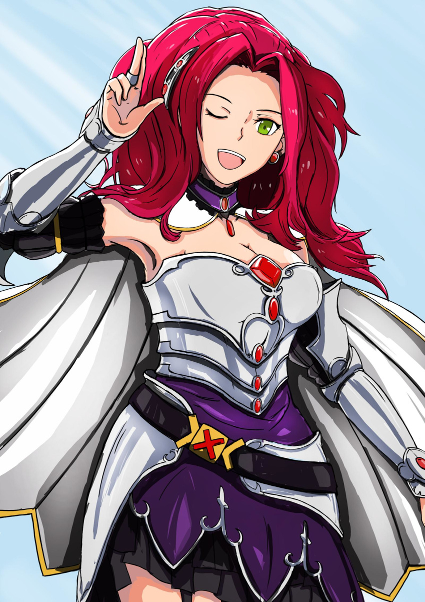 1girl ;d armor armored_dress breasts cape choker cleavage curly_hair earrings fantasy frills gauntlets green_eyes hairband hand_up jewelry malty_s_melromarc playsuit ponytail red_hair ring shoulder_cutout solo tate_no_yuusha_no_nariagari wink