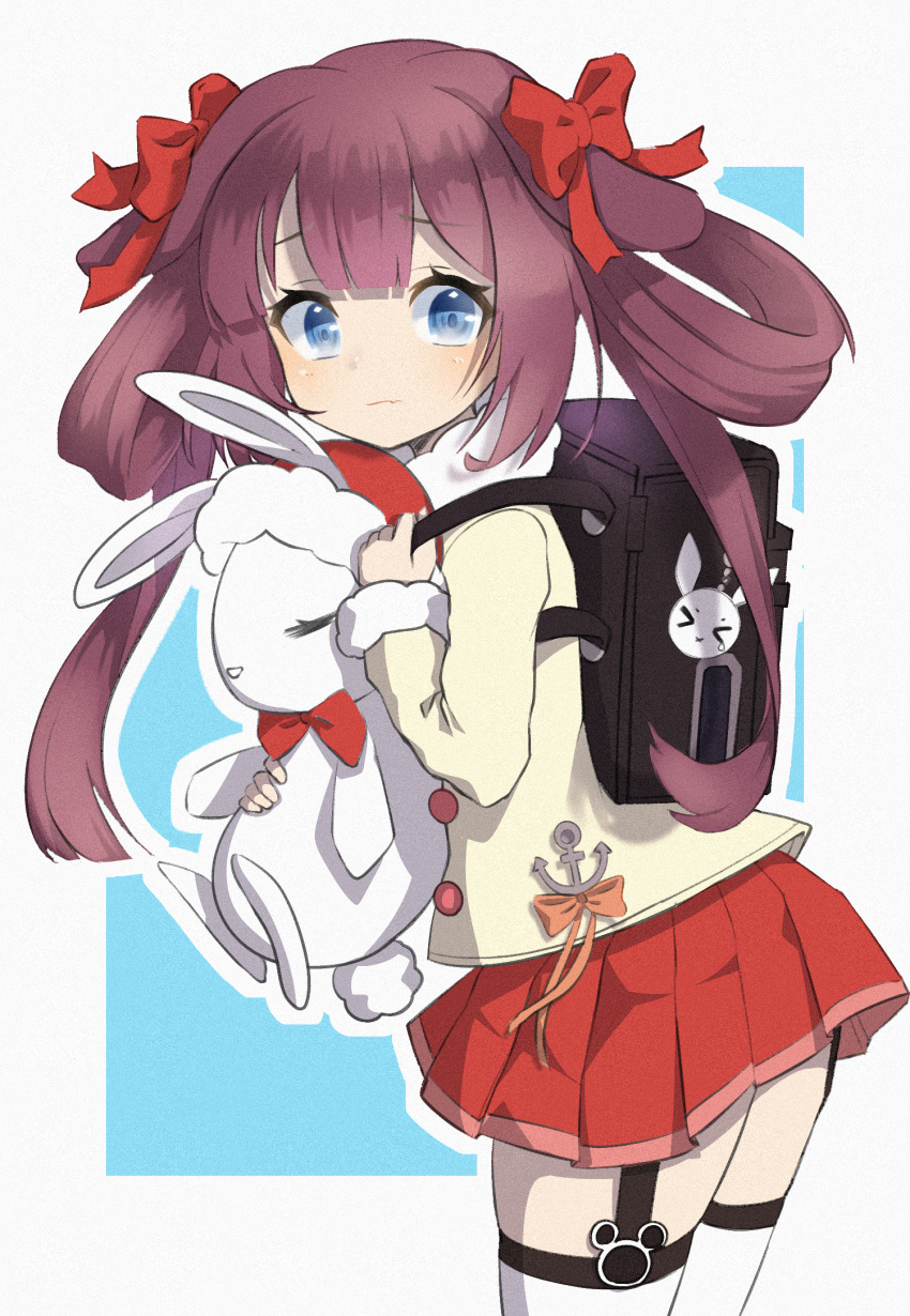 &gt;_&lt; 1girl anchor_symbol azur_lane backpack bag bag_charm bangs blue_eyes blush bow brown_hair charm_(object) closed_mouth cowboy_shot doll_hug eyebrows_visible_through_hair from_side hair_bow highres holding holding_stuffed_animal kiyonami_(azur_lane) long_hair long_sleeves looking_at_viewer orange_ribbon pleated_skirt poppypilf randoseru red_bow red_skirt ribbon single_garter_strap skirt solo stuffed_animal stuffed_bunny stuffed_toy thigh-highs white_legwear