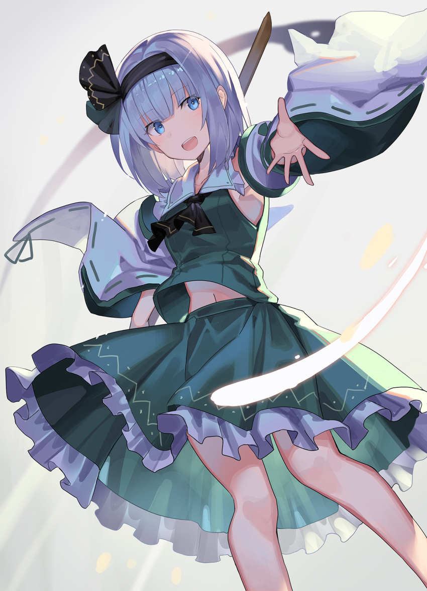 1girl bangs black_hairband black_neckwear blue_eyes collarbone detached_sleeves eyebrows_visible_through_hair feet_out_of_frame frilled_skirt frills green_shirt green_skirt hairband highres japanese_clothes konpaku_youmu konpaku_youmu_(ghost) light_particles light_rays looking_at_viewer miko navel open_mouth ribbon-trimmed_sleeves ribbon_trim rin_falcon shirt short_hair silver_hair simple_background skirt smile sword sword_behind_back touhou weapon white_frills white_sleeves wide_sleeves