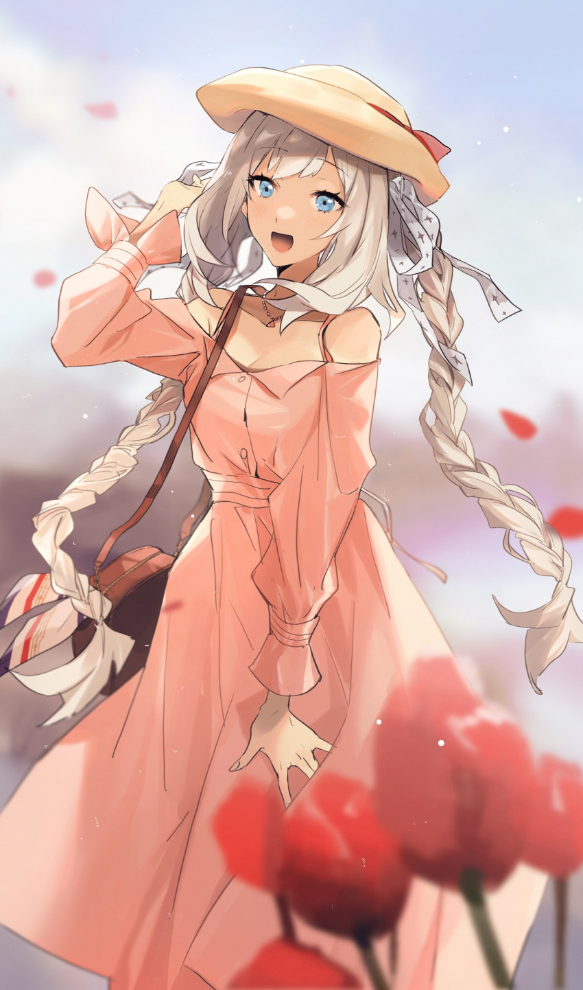 1girl bag bangs bare_shoulders blue_eyes blue_sky braid breasts dress fate/grand_order fate_(series) flower hat highres jewelry long_hair long_sleeves looking_at_viewer marie_antoinette_(fate/grand_order) medium_breasts necklace no-kan open_mouth petals pink_dress shoulder_bag silver_hair sky smile sun_hat twin_braids very_long_hair