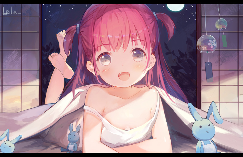 1girl :d :x bangs bare_arms bare_shoulders barefoot blush breasts brown_eyes closed_mouth commentary_request dress eyebrows_visible_through_hair fang feet full_moon indoors katou_umi legs_up leilin letterboxed long_hair looking_at_viewer lying moon night on_stomach open_mouth redhead revision sleeveless sleeveless_dress small_breasts smile soles solo strap_slip stuffed_animal stuffed_bunny stuffed_toy summer_pockets two_side_up very_long_hair white_dress wind_chime