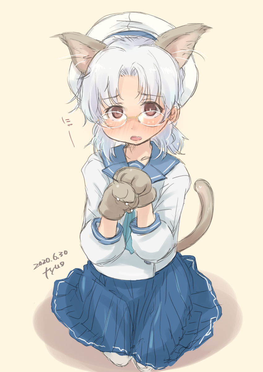 1girl animal_ears artist_name beige_background blue_neckwear blue_ribbon blue_sailor_collar blue_skirt brown_eyes cat_ears cat_tail dated fyuo glasses gloves grey_hair hat highres hirato_(kantai_collection) kantai_collection kneeling long_sleeves looking_at_viewer neckerchief paw_gloves paw_pose paws pleated_skirt ribbon sailor_collar sailor_hat school_uniform serafuku short_hair skirt solo tail wavy_hair white_gloves