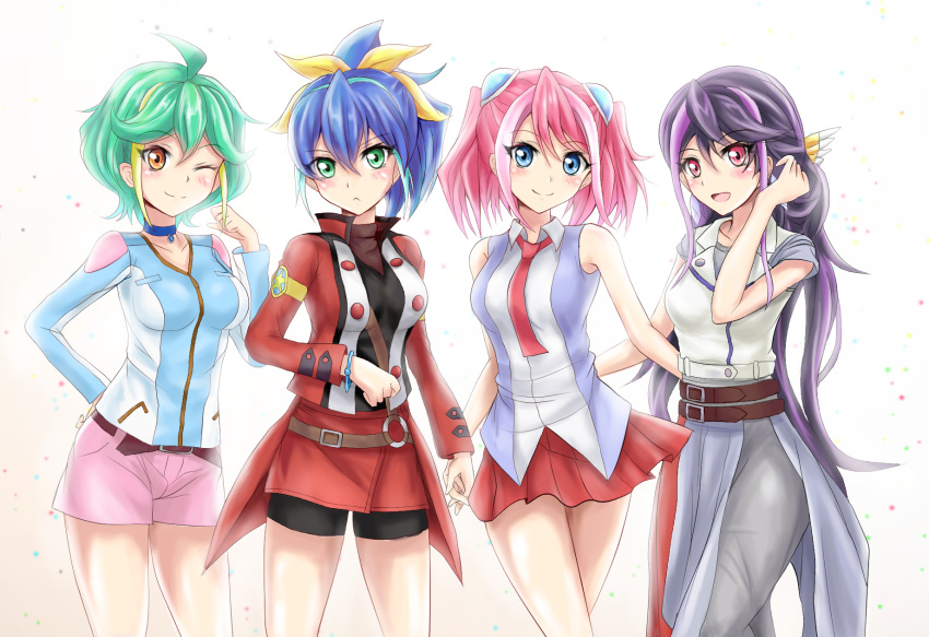 4girls :d ;) adjusting_hair bike_shorts black_shorts blue_choker blue_eyes blue_hair blue_jacket bow bracelet bracelet_girls breasts choker closed_mouth collarbone green_eyes green_hair grey_pants hair_bow hand_on_hip highlights highres hiiragi_yuzu holding_hands jacket jewelry kurosaki_ruri long_hair long_sleeves looking_at_viewer medium_breasts miniskirt multicolored_hair multiple_girls necktie one_eye_closed open_mouth orange_eyes pants pink_hair pink_shorts pleated_skirt purple_hair r-binon red_eyes red_jacket red_neckwear red_skirt rin_(yuu-gi-ou_arc-v) serena_(yuu-gi-ou_arc-v) short_shorts shorts simple_background skirt smile standing very_long_hair white_background yellow_bow yuu-gi-ou yuu-gi-ou_arc-v zipper