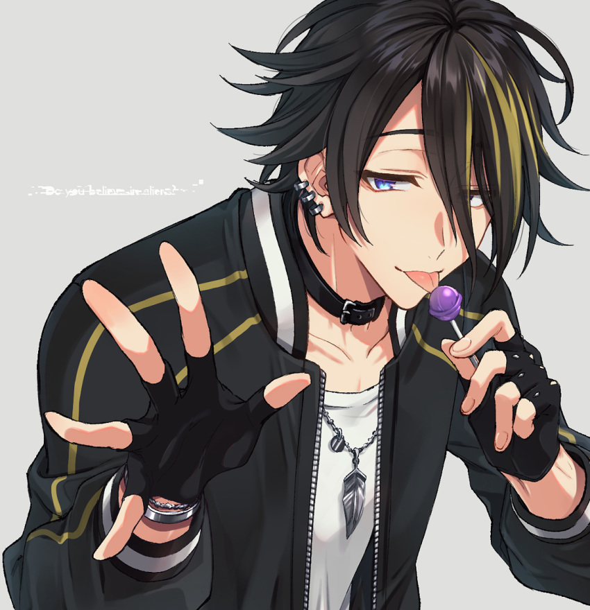 1boy akebono_ryo argonavis_from_bang_dream! bang_dream! black_hair blonde_hair blue_eyes candy choker english_text fingerless_gloves food gloves grey_background highres jacket jewelry licking lollipop male_focus multicolored_hair necklace piercing saigi simple_background solo streaked_hair tongue tongue_out