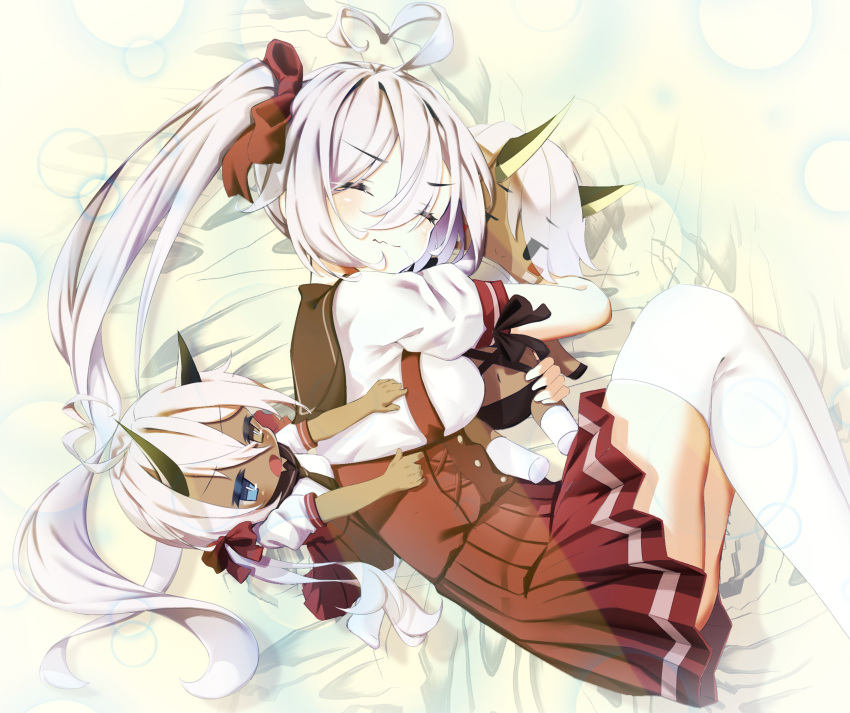 2girls ahoge azur_lane bangs blush bow character_doll chibi closed_eyes closed_mouth dark_skin doll_hug eyebrows_visible_through_hair hair_between_eyes hair_bow headgear heart_ahoge heterochromia highres indianapolis_(azur_lane) kneehighs long_hair lying multiple_girls on_side pleated_skirt ponytail poppypilf portland_(azur_lane) red_bow red_skirt short_sleeves skirt white_hair white_legwear