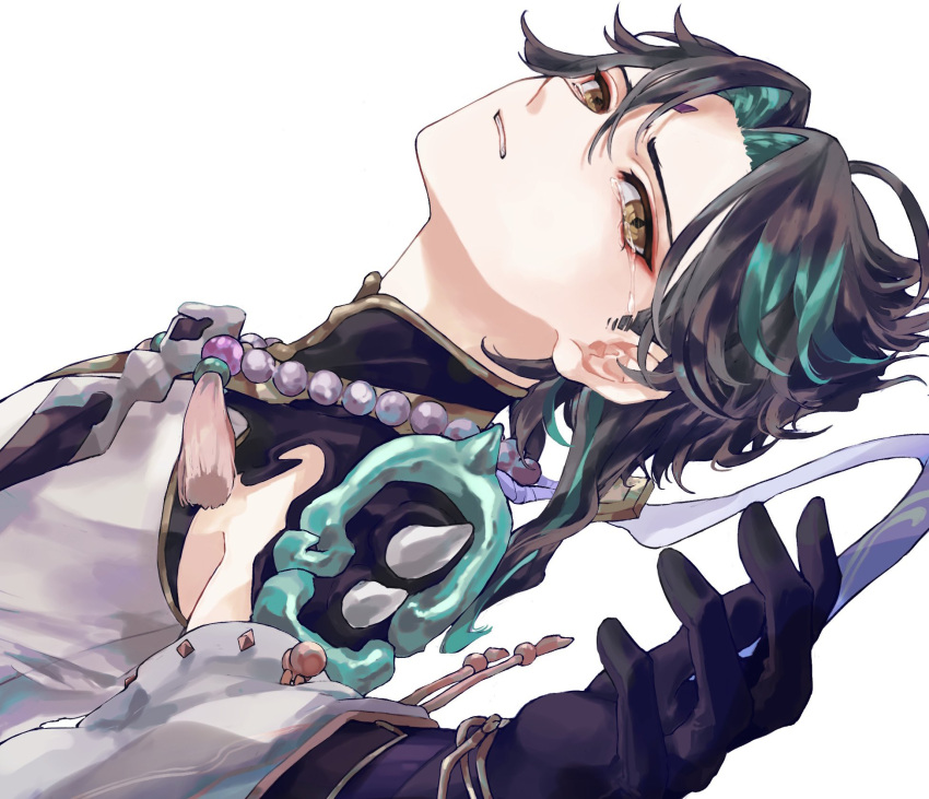 1boy ahoge aqua_hair armor bead_necklace beads black_hair facial_mark forehead_mark genshin_impact gloves highres injury jewelry lying male_focus multicolored_hair necklace on_back parted_lips shiraishi_(siraisi00) simple_background solo spikes tassel tears upper_body white_background xiao_(genshin_impact) yellow_eyes