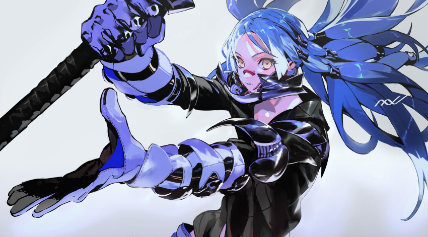 1girl armor blue_gloves blue_hair blue_theme gloves gradient gradient_background highres holding holding_sword holding_weapon katana light_blue_hair long_hair naji_yanagida original parted_lips signature sword twintails vambraces weapon yellow_eyes