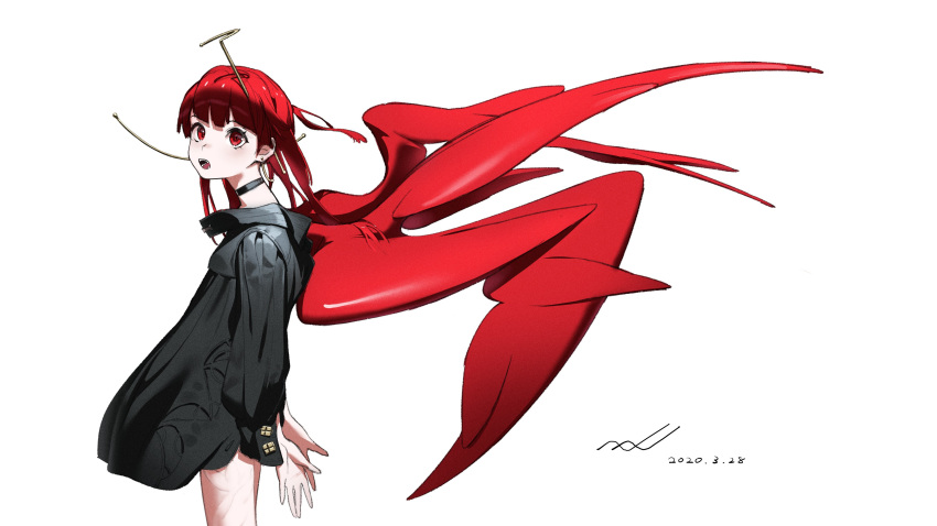 1girl absurdres black_choker blush choker dated earrings highres jewelry long_hair naji_yanagida open_mouth original red_eyes red_theme redhead signature simple_background solo teeth tongue white_background wings