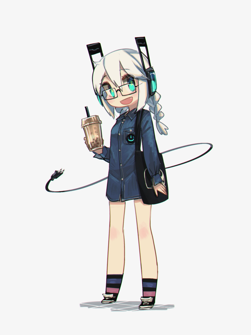 1girl :d aqua_eyes bag bangs black-framed_eyewear braid bubble_tea commentary cup digitan_(porforever) disposable_cup drinking_straw english_commentary fang full_body glasses hair_between_eyes headphones highres holding holding_cup jacket long_hair long_sleeves looking_at_viewer open_mouth original porforever power_symbol rectangular_eyewear simple_background smile solo star-shaped_pupils star_(symbol) symbol-shaped_pupils tail twin_braids white_background white_hair