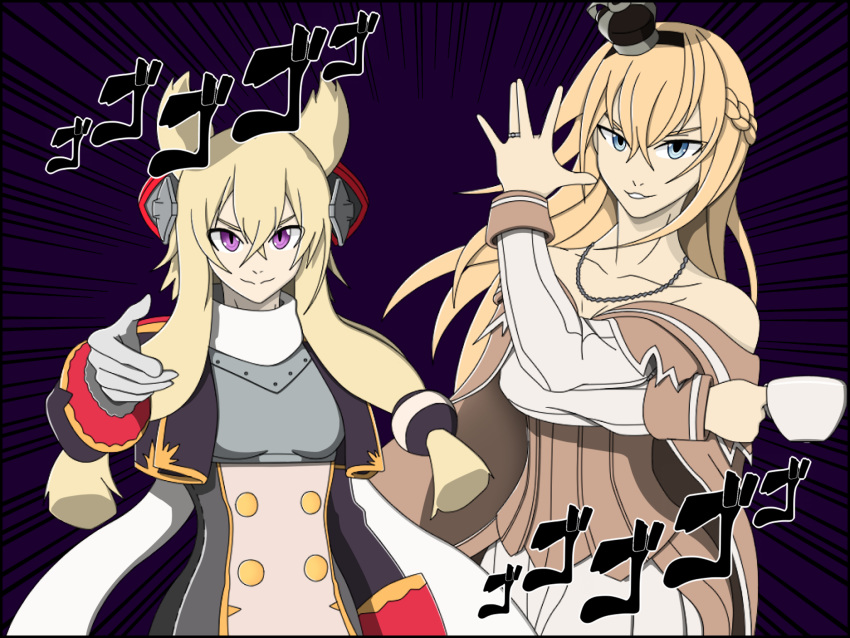 2girls azur_lane bangs blonde_hair blue_eyes braid commentary crossed_bangs crossover crown cup dress english_commentary erik_enrile french_braid highres jewelry jojo_no_kimyou_na_bouken jojo_pose kantai_collection long_sleeves looking_at_viewer meme menacing_(jojo) mini_crown multiple_girls namesake necklace off-shoulder_dress off_shoulder pose ring teacup violet_eyes warspite_(azur_lane) warspite_(kantai_collection) wedding_ring