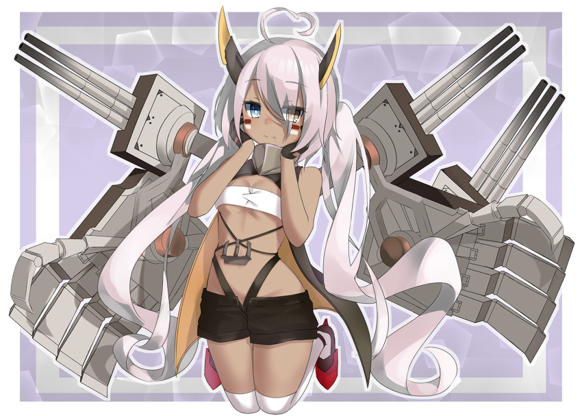 1girl ahoge anchor azur_lane bandeau bangs black_gloves black_shorts breasts dark_skin eyebrows_visible_through_hair eyes_visible_through_hair facepaint full_moon gloves hands_on_own_cheeks hands_on_own_face headgear heart_ahoge heterochromia indianapolis_(azur_lane) long_hair looking_at_viewer mechanical_arms moon poppypilf rigging shoes shorts small_breasts solo thigh-highs twintails very_long_hair white_legwear