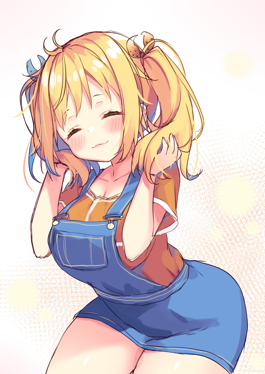 1boy absurdres asa_no_ha blonde_hair blush breasts closed_eyes denim denim_dress dress highres long_hair orange_shirt original overall_skirt overalls shirt short_dress shorts smile solo thighs twintails