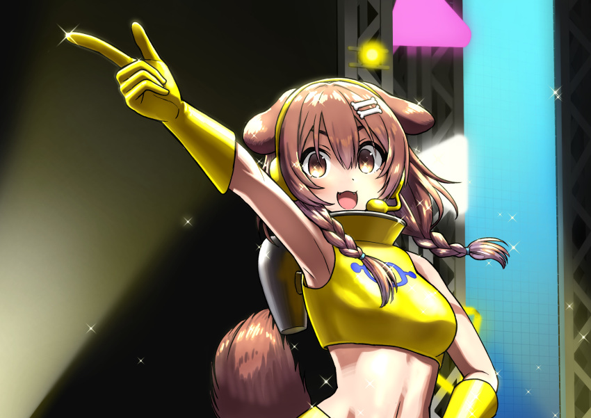 1girl :d alternate_costume animal_ears arm_up armpits bone_hair_ornament braid breasts brown_eyes brown_hair commentary cosplay crop_top dog_ears dog_tail earpiece fangs gloves hair_between_eyes highres hololive index_finger_raised inugami_korone looking_at_viewer medium_breasts medium_hair microphone midriff navel open_mouth outstretched_arm sabaku_chitai shirt side_braids smile solo space_channel_5 sparkle stage stage_lights tail twin_braids ulala ulala_(cosplay) upper_body virtual_youtuber yellow_gloves yellow_shirt