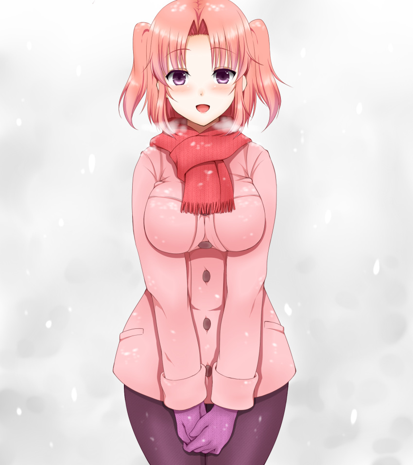1girl bangs black_legwear blush breasts breath coat eyebrows_visible_through_hair gloves highres impossible_clothes large_breasts long_sleeves looking_at_viewer mikakunin_de_shinkoukei open_mouth pantyhose parted_bangs pink_coat pink_hair purple_gloves red_scarf scarf short_hair short_twintails smile snowing solo twintails twintails_day violet_eyes yonomori_kobeni yue_(show-ei)