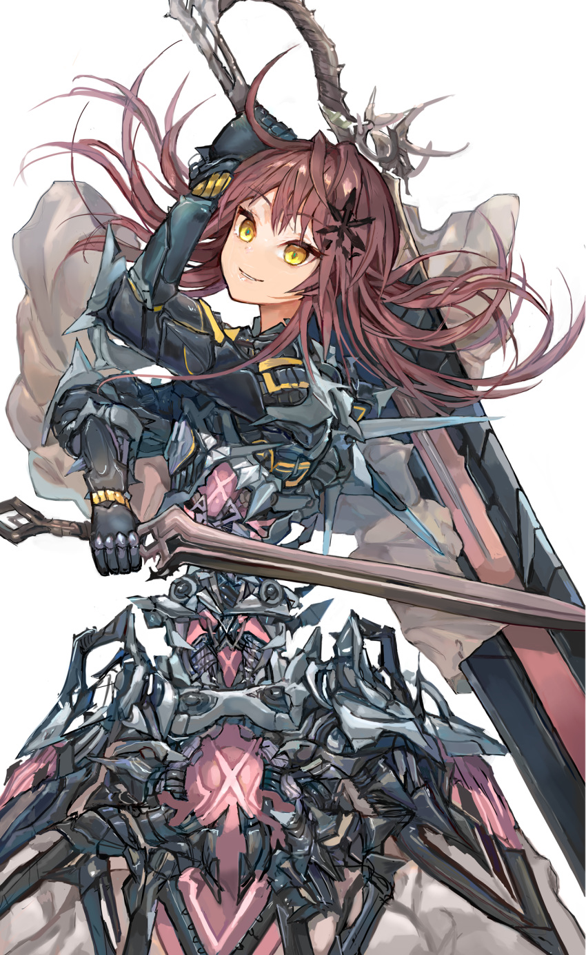 1girl brown_hair datsuyuru dual_wielding eyebrows_visible_through_hair fantasy hair_ornament highres holding holding_sword holding_weapon long_hair mecha_musume original parted_lips simple_background smile solo sword twintails weapon white_background yandere yellow_eyes