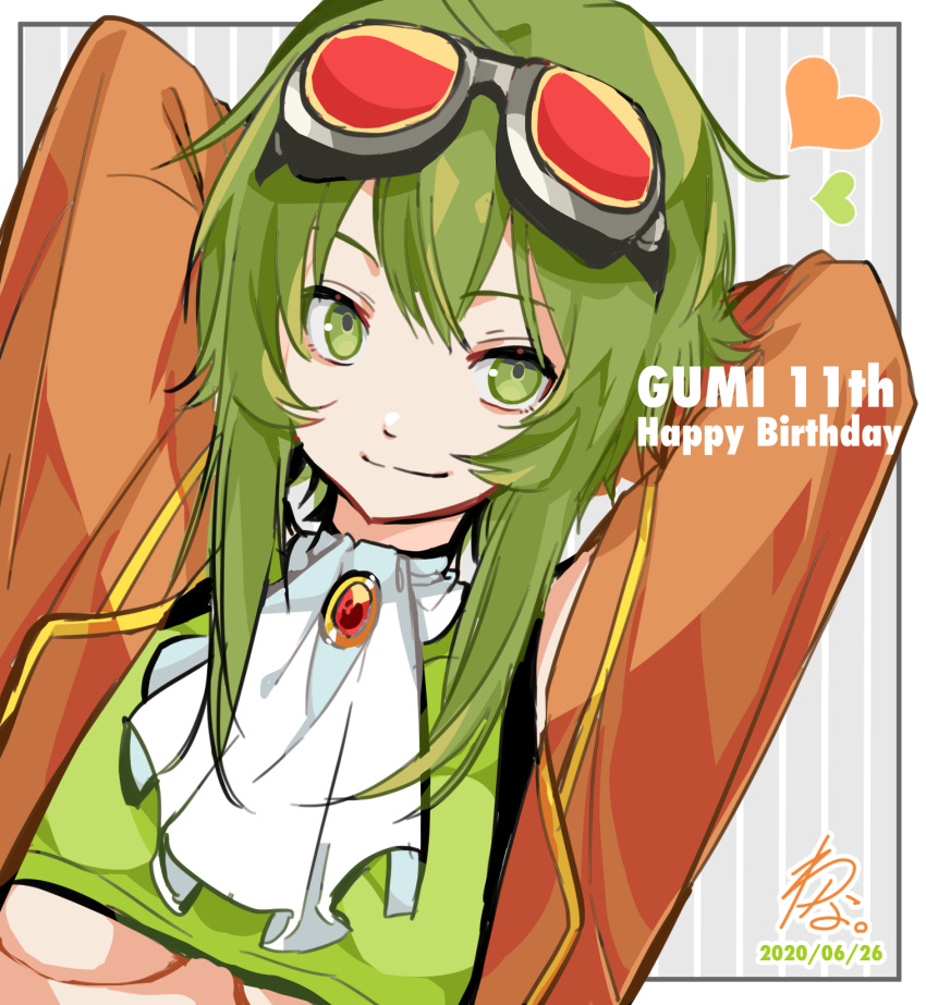 1girl arms_behind_head birthday breasts brooch character_name commentary dated goggles goggles_on_head green_eyes green_hair green_shirt grey_background gumi hands_up happy_birthday heart highres jacket jewelry megpoid_(vocaloid3) neckerchief orange_jacket red_goggles shirt short_hair_with_long_locks sidelocks signature smile solo striped striped_background under_boob vocaloid wanaxtuco white_neckwear