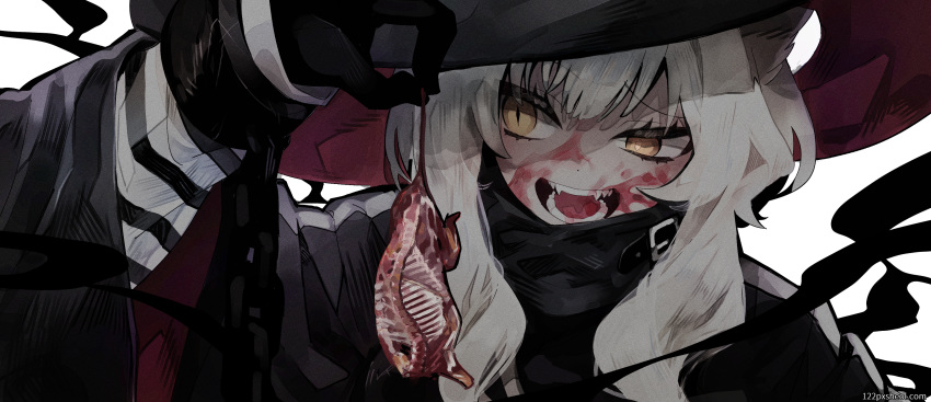 122pxsheol 1girl absurdres animal_ear_fluff animal_ears arknights bangs black_coat black_gloves black_headwear blood blood_on_face buckle carcass cat_ears chain close-up coat cuffs fangs gloves hat haze_(arknights) highres holding medium_hair mouse open_mouth sidelocks slit_pupils solo striped teeth watermark web_address white_background white_hair witch_hat yellow_eyes