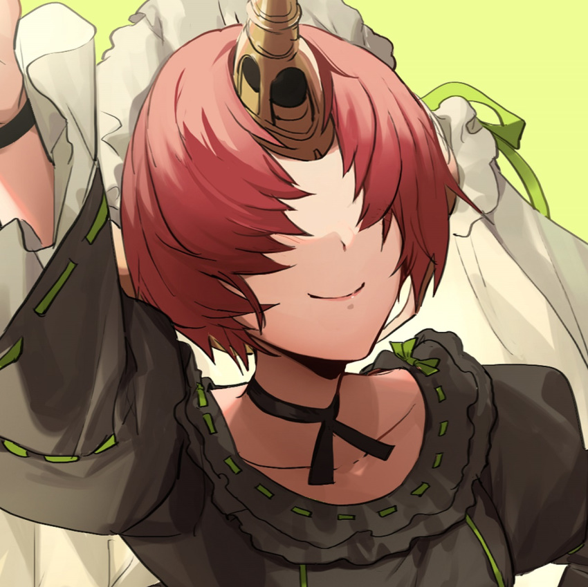 1girl bangs black_dress close-up closed_mouth covered_eyes dress face facing_viewer fate/apocrypha fate/grand_order fate_(series) frankenstein's_monster_(fate) frilled_dress frills from_above hair_over_eyes hand_on_hip horns neck_ribbon no-kan pink_hair pointing pointing_up ribbon shadow short_hair single_horn smile solo sunlight