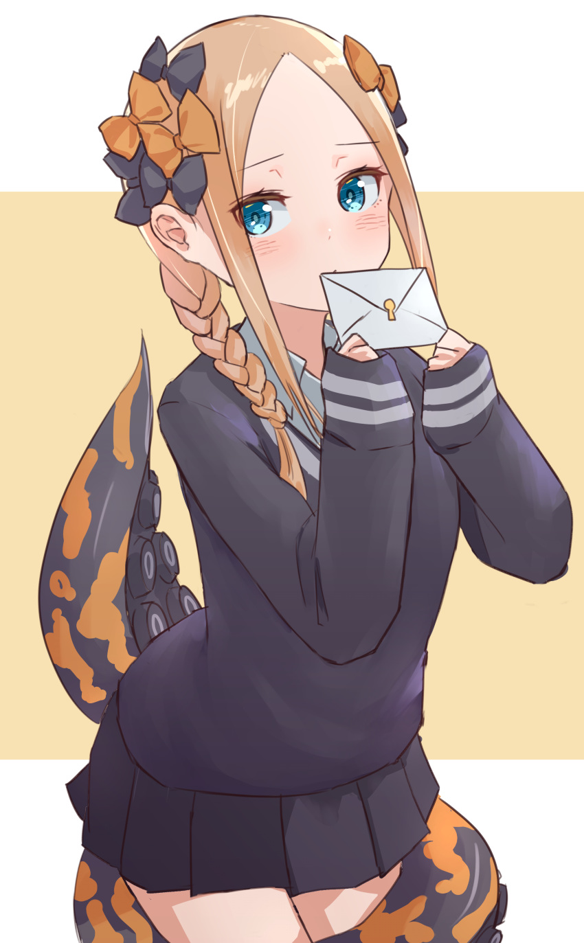 1girl abigail_williams_(fate/grand_order) absurdres bangs black_bow black_skirt black_sweater blonde_hair blue_eyes blush border bow braid breasts envelope fate/grand_order fate_(series) forehead hair_bow highres kopaka_(karda_nui) long_hair looking_at_viewer miniskirt multiple_bows orange_bow parted_bangs pleated_skirt skirt small_breasts sweater tentacles thighs white_border yellow_background