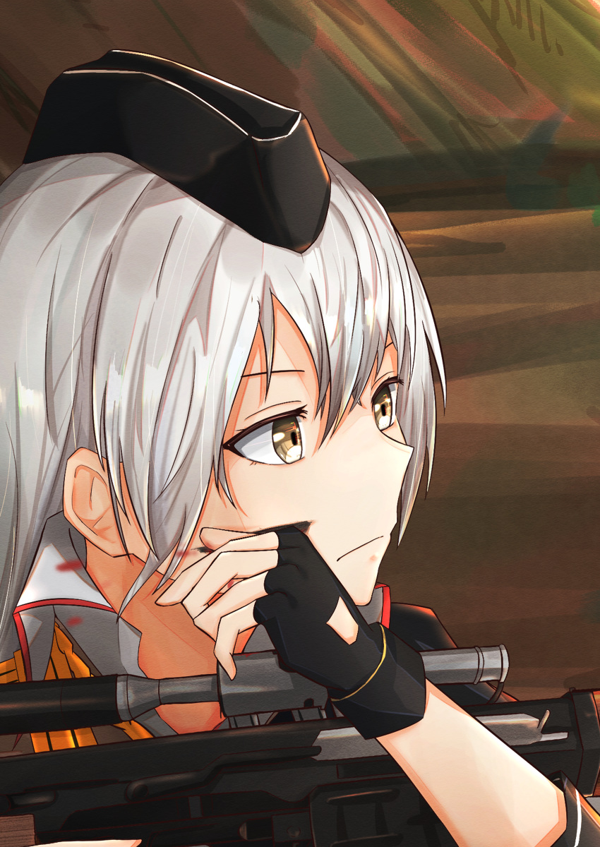 1girl absurdres black_gloves blood blood_on_face brown_eyes brown_jacket dragunov_svd forest girls_frontline gloves grey_hair gun hat highres huge_filesize jacket long_hair looking_away military military_hat military_uniform nature rifle serious silver_hair sniper_rifle solo_focus svd_(girls_frontline) svd_fun uniform weapon