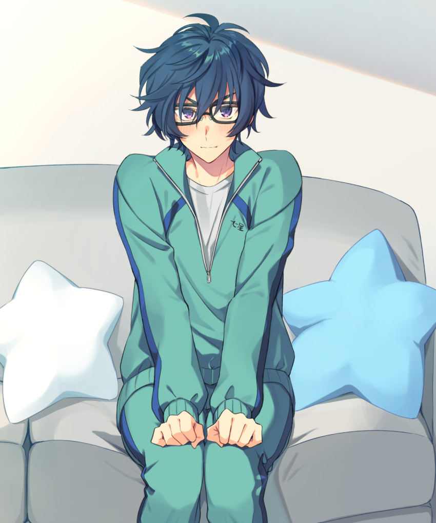 1boy argonavis_from_bang_dream! bang_dream! bespectacled blue_hair couch glasses highres male_focus nanahoshi_ren pillow saigi sitting solo star_pillow track_suit