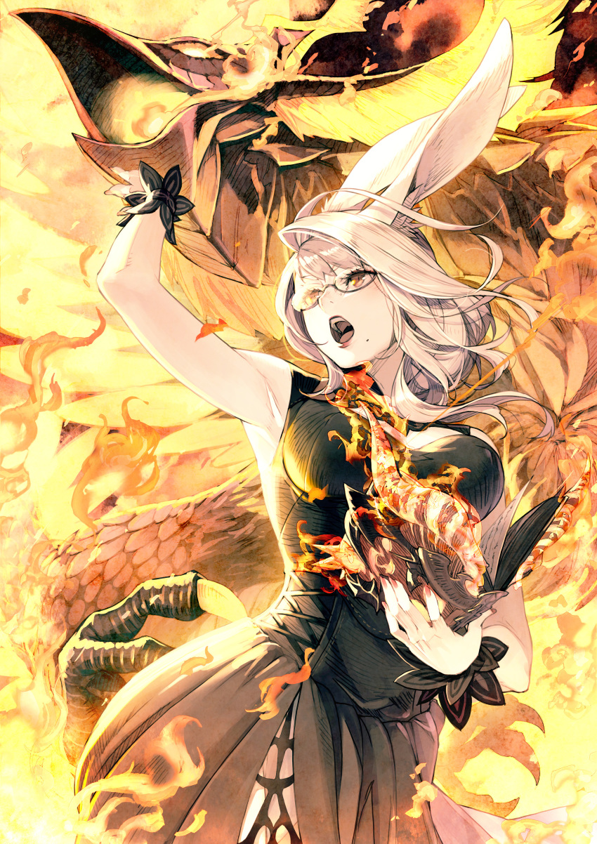 1girl absurdres animal_ears arm_up bird black-framed_eyewear blonde_hair book brown_eyes burning feathers final_fantasy final_fantasy_xiv fingernails fire glasses glowing highres holding holding_book kyo_(kuroichigo) long_hair mole mole_under_mouth open_book open_mouth phoenix rabbit_ears red_lips red_nails slit_pupils solo summoner_(final_fantasy) talons teeth tongue viera