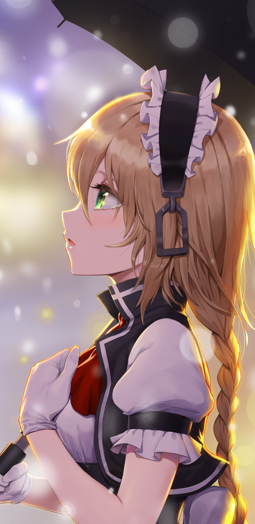 1girl absurdres alternate_eye_color apron bangs blonde_hair blurry blurry_background blush bokeh braid breasts city_lights cropped_vest depth_of_field dress eyebrows_visible_through_hair from_side g36_(girls_frontline) girls_frontline gloves greem_bang green_eyes hair_between_eyes highres holding holding_umbrella long_hair looking_up maid maid_apron maid_headdress medium_breasts open_clothes open_vest outdoors puffy_short_sleeves puffy_sleeves red_neckwear short_sleeves sidelocks single_braid snow snowing solo tearing_up umbrella very_long_hair vest white_gloves