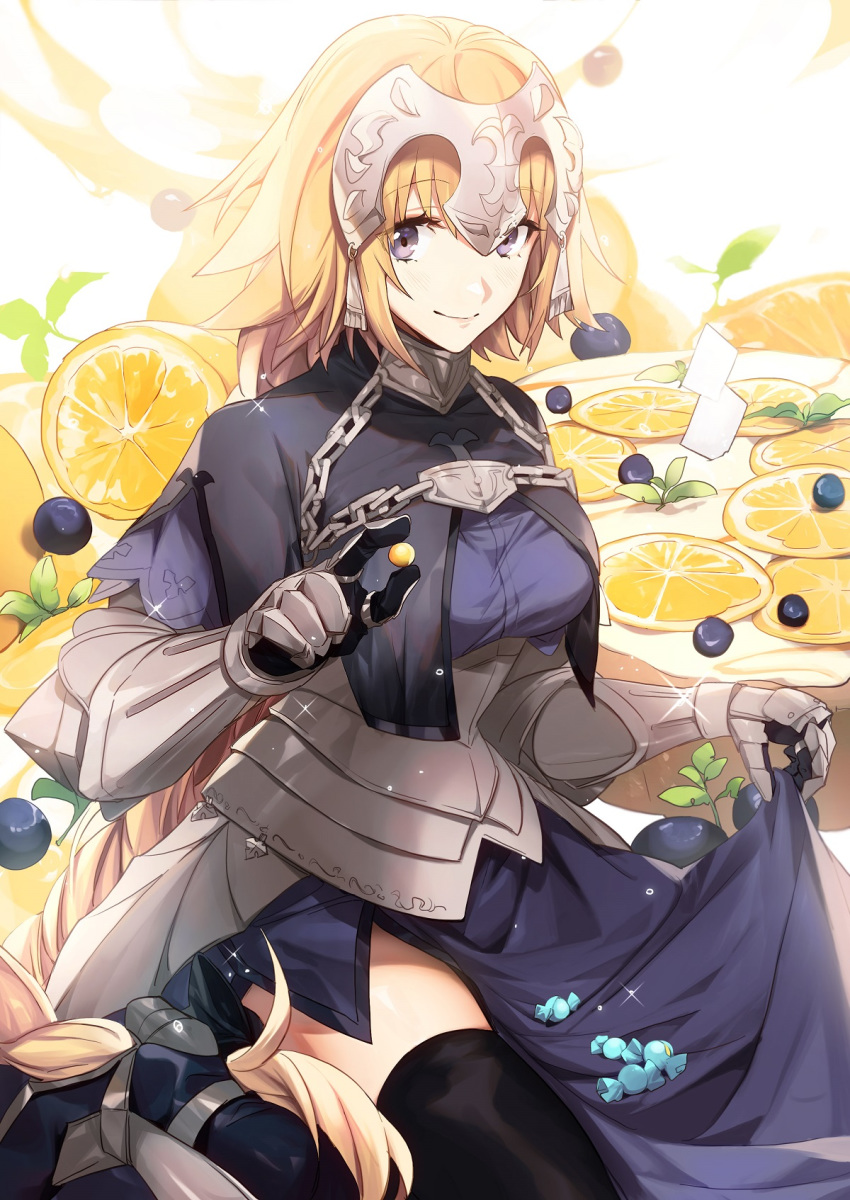 1girl armor armored_dress bangs black_legwear blonde_hair blue_dress blueberry braid breasts candy capelet chain closed_mouth dress fate/apocrypha fate_(series) faulds food fruit gauntlets headpiece highres jeanne_d'arc_(fate) jeanne_d'arc_(fate)_(all) large_breasts lemon long_braid long_hair looking_at_viewer low-tied_long_hair no-kan plackart single_braid smile thigh-highs thighs violet_eyes