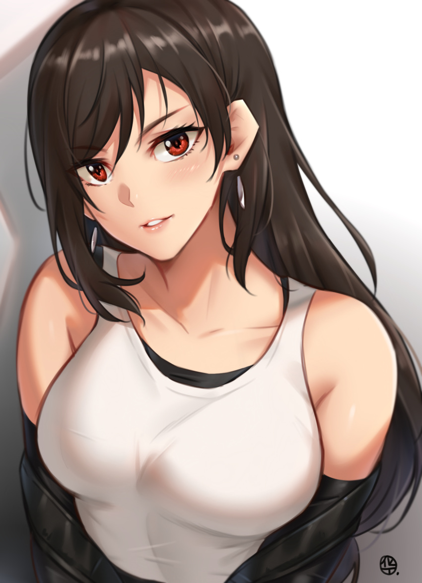 1girl absurdres bangs bare_shoulders black_gloves black_hair blush breasts choukoukou_no_diaosi collarbone earrings elbow_gloves elbow_pads female_focus final_fantasy final_fantasy_vii final_fantasy_vii_remake gloves highres jewelry large_breasts long_hair looking_at_viewer low-tied_long_hair parted_lips red_eyes shirt skirt smile square_enix suspender_skirt suspenders tank_top taut_clothes taut_shirt tifa_lockhart white_tank_top