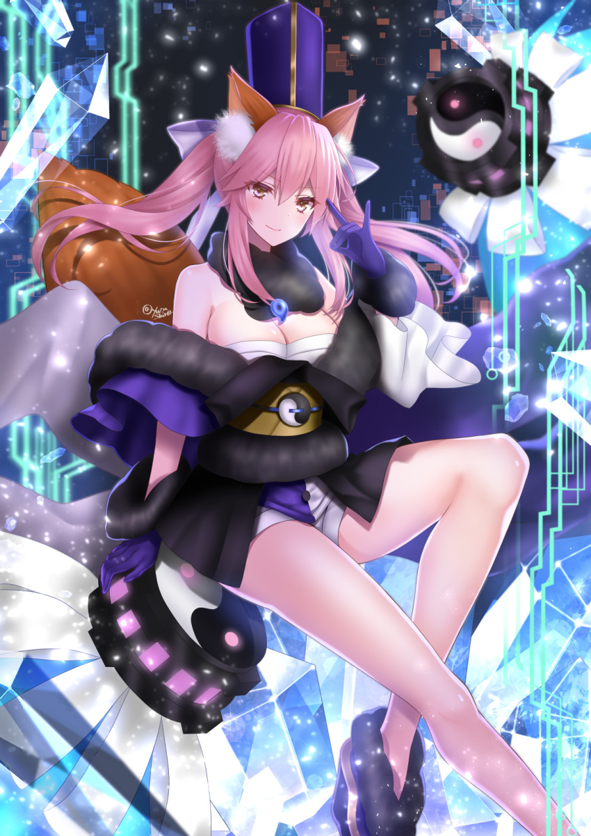 animal_ear_fluff animal_ears bare_shoulders blue_gloves breasts eyebrows_visible_through_hair fate/extella fate/extra fate_(series) fox_ears fox_girl fox_shadow_puppet fox_tail gloves hair_ribbon highres japanese_clothes large_breasts off_shoulder pink_hair ribbon short_shorts shorts tail tamamo_(fate)_(all) tamamo_no_mae_(fate) white_ribbon yellow_eyes yuzushiro