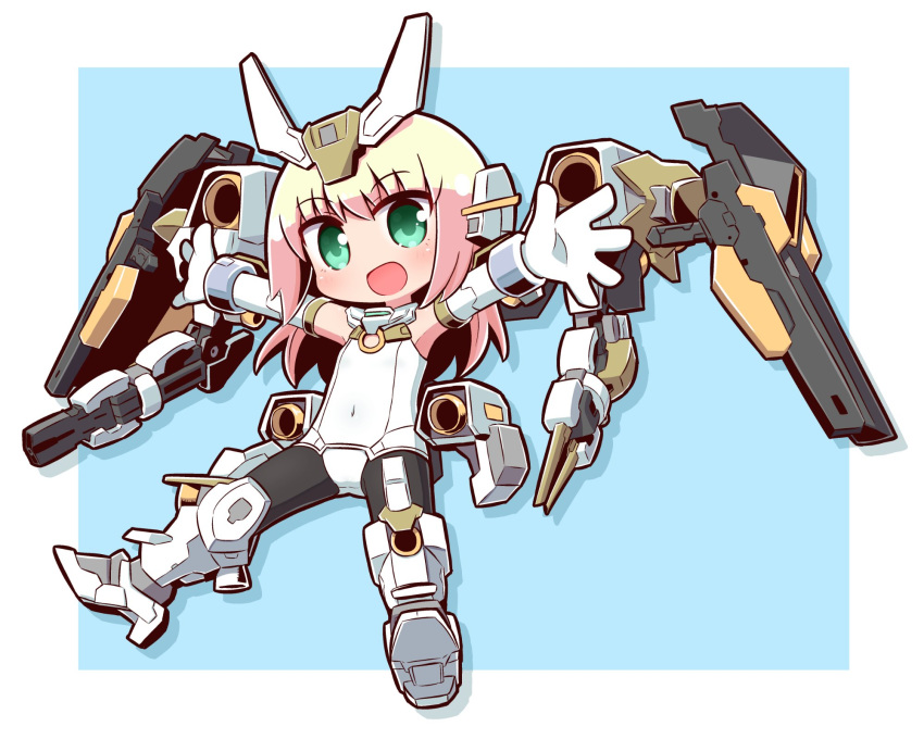 1girl :d bangs baselard black_legwear blonde_hair blue_background blush boots commentary_request drop_shadow elbow_gloves eyebrows_visible_through_hair frame_arms_girl full_body gloves green_eyes headgear highres knee_boots leotard long_hair looking_at_viewer mecha_musume naga_u open_mouth pantyhose smile solo two-tone_background white_background white_footwear white_gloves white_leotard