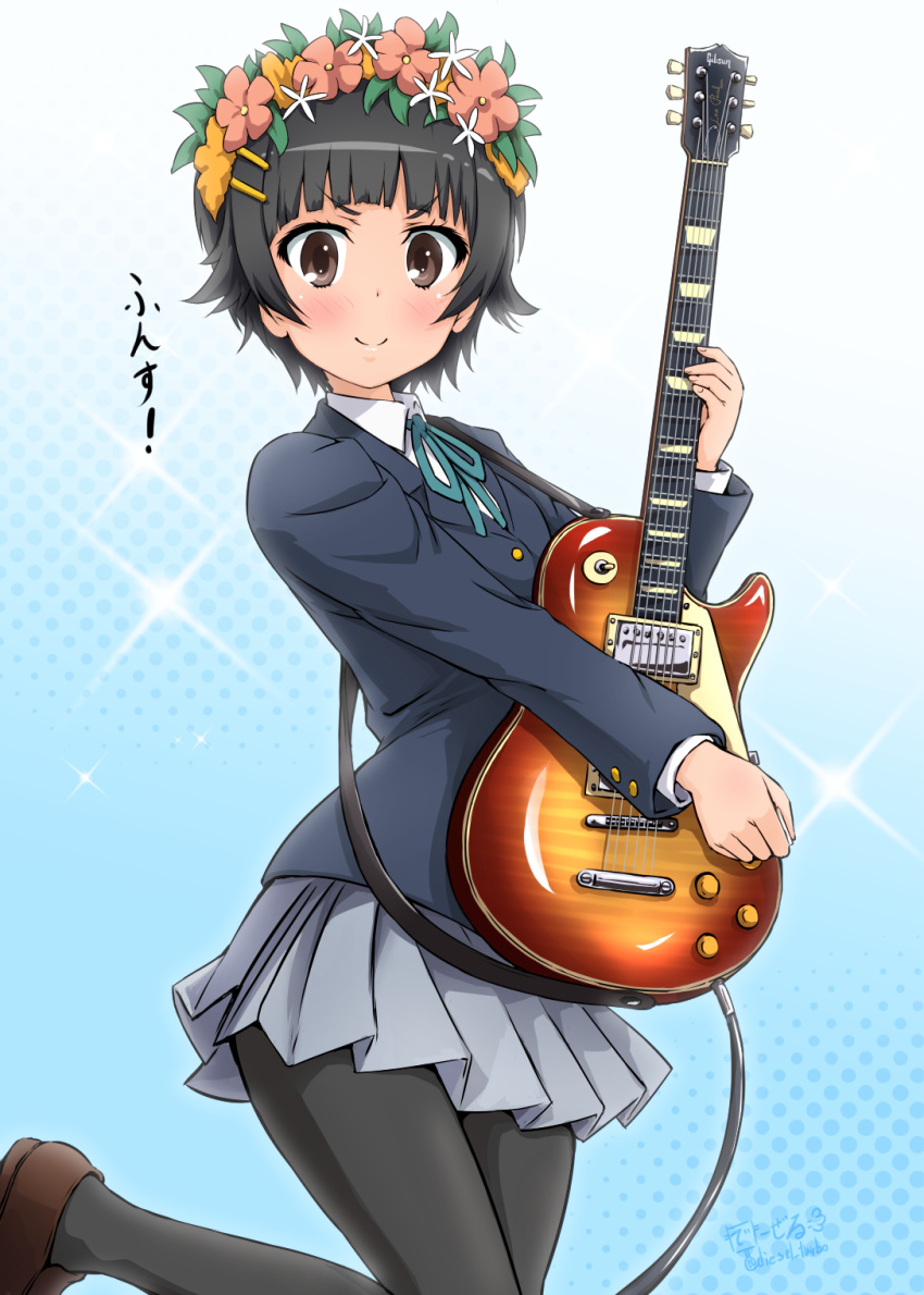 1girl black_hair black_legwear blazer blue_background blue_jacket brown_eyes commentary_request cosplay cowboy_shot diesel-turbo electric_guitar gradient gradient_background grey_skirt guitar head_wreath highres hirasawa_yui hirasawa_yui_(cosplay) instrument jacket k-on! looking_at_viewer pantyhose sakuragaoka_high_school_uniform school_uniform seiyuu_connection short_hair skirt solo standing standing_on_one_leg to_aru_kagaku_no_railgun to_aru_majutsu_no_index toyosaki_aki uiharu_kazari