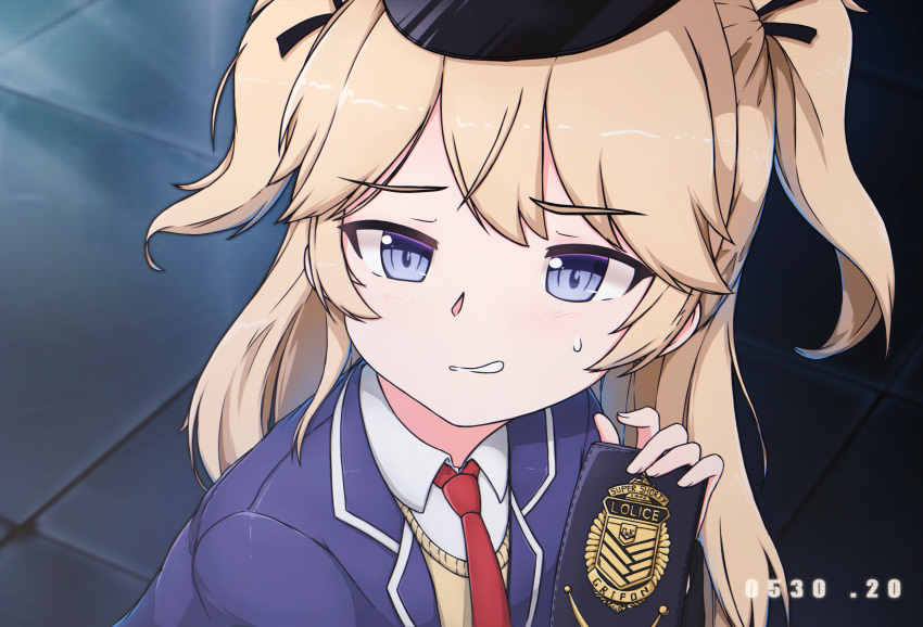 1girl bangs blonde_hair blue_eyes blush collared_shirt derivative_work english_commentary eyebrows_visible_through_hair girls_frontline grin hat highres jacket long_hair necktie peaked_cap police_badge red_neckwear sailor_moon_redraw_challenge screencap_redraw shirt smile solo super_shorty_(girls_frontline) sweatdrop sweater_vest tied_hair twintails xandier59